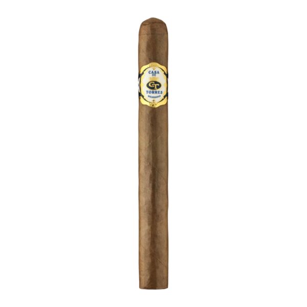 Casa de Torres Churchill Zigarre mit hellem Deckblatt und gelb-blauer Banderole, elegante nicaraguanische Longfiller-Premiumzigarre