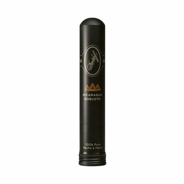 Einzelne Davidoff Nicaragua Robusto Zigarre im schwarzen Aluminium-Tubo mit goldener und weißer Beschriftung