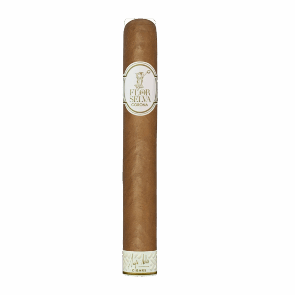 Flor de Selva Classic Corona Zigarre mit weiß-goldenem Zigarrenring und floraler Verzierung auf weißem Hintergrund
