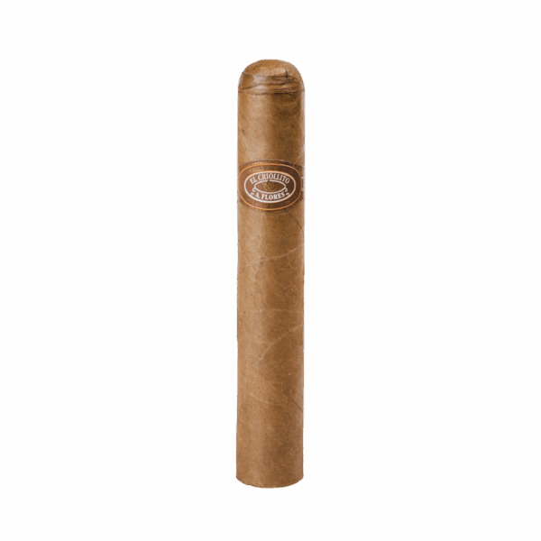 Zigarre im Robusto-Format mit braunem Deckblatt und braun-weißem Zigarrenring, darauf die Aufschrift "EL CRIOLLITO A. FLORES".
