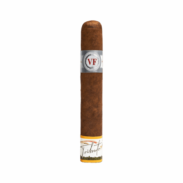 VegaFina Tributo Dominicus Edición Limitada 2022 Zigarre mit braunem Deckblatt, silber-rotem VF-Zigarrenring und weiß-goldenem Tributo-Ring