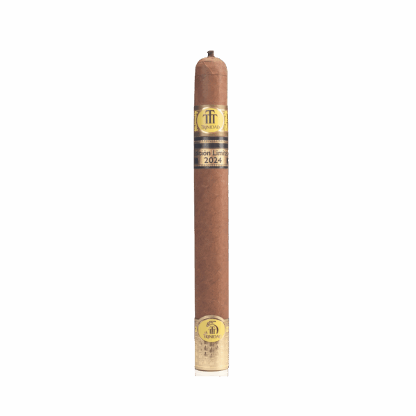 Trinidad Cabildo Edición Limitada 2024 Zigarre stehend, mit hellbraunem Deckblatt, traditionellem Trinidad Zigarrenring und zusätzlichem „Edición Limitada 2024“-Band, vollständig im goldfarbenen Tubo