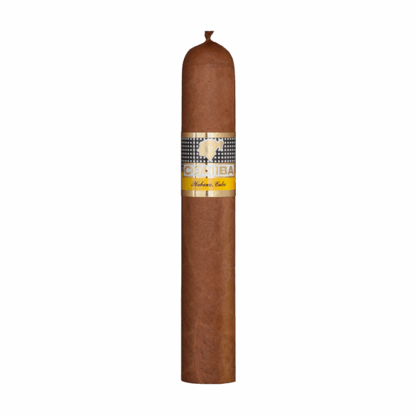 Auf dem Bild ist eine Cohiba Ambar Zigarre zu sehen. Sie besitzt ein hellbraunes, feinadriges Deckblatt und hat ein gleichmäßiges, zylindrisches Format mit typischem „Pigtail“-Kopfabschluss. In der oberen Hälfte ist ein elegantes Zigarrenring mit dem markanten Cohiba-Logo und der typischen Farbgebung in Schwarz, Weiß und Gelb zu erkennen. Unterhalb des Logos steht der Herkunftsort „Habana, Cuba“ in goldener Schrift. Die Zigarre wirkt hochwertig verarbeitet und repräsentiert die kubanische Zigarrenkunst.